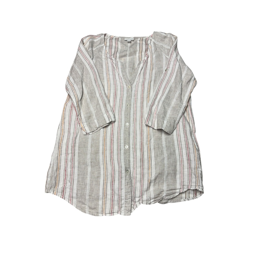 J. Jill Love Linen Striped Button Front Tunic Top Tan Red Womens Small WTP027701